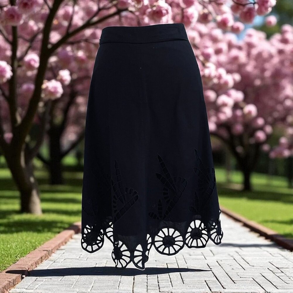 Tribal Black Eyelet Skirt‎ Womens Size 10 Midi Cotton Boho Festival Cottagecore